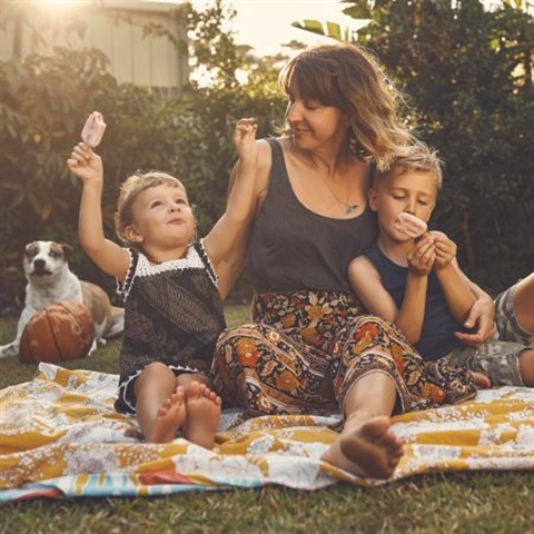 Picture of a woman, two children and a dog