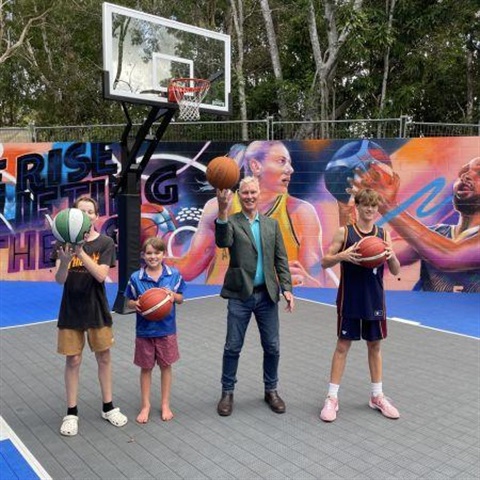 Noosa Mayor Frank Wilkie at the new Noosa Leisure Centre outdoor courts with Caladen Kells, Parker Kells and Jonty Wood