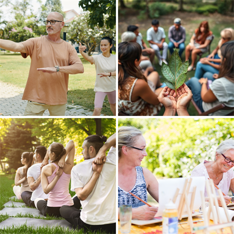 4 photo collage of people doing yoga art and qi gong